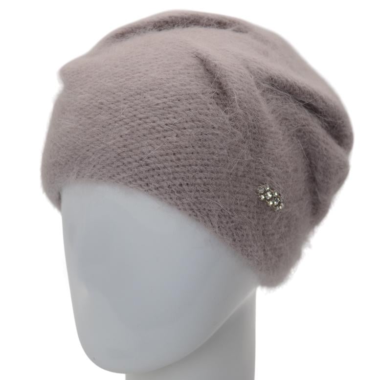 Шапка женская Novita Сюзана ангоровая двойная с аккуратным узором и брошью one size Пепельный (247488)