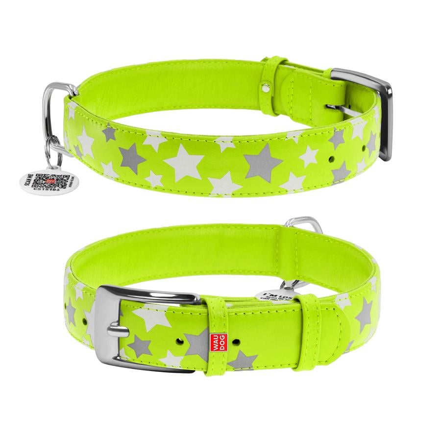 Ошейник для собак с QR-паспортом Waudog Glamour Звездочка кожаный светящийся/светоотражающий XL 35 мм 46-60 см Green (35885) - фото 1 Ошейник для собак с QR-паспортом Waudog Glamour Звездочка кожаный светящийся/светоотражающий XL 35 мм 46-60 см Green (35885) - фото 1