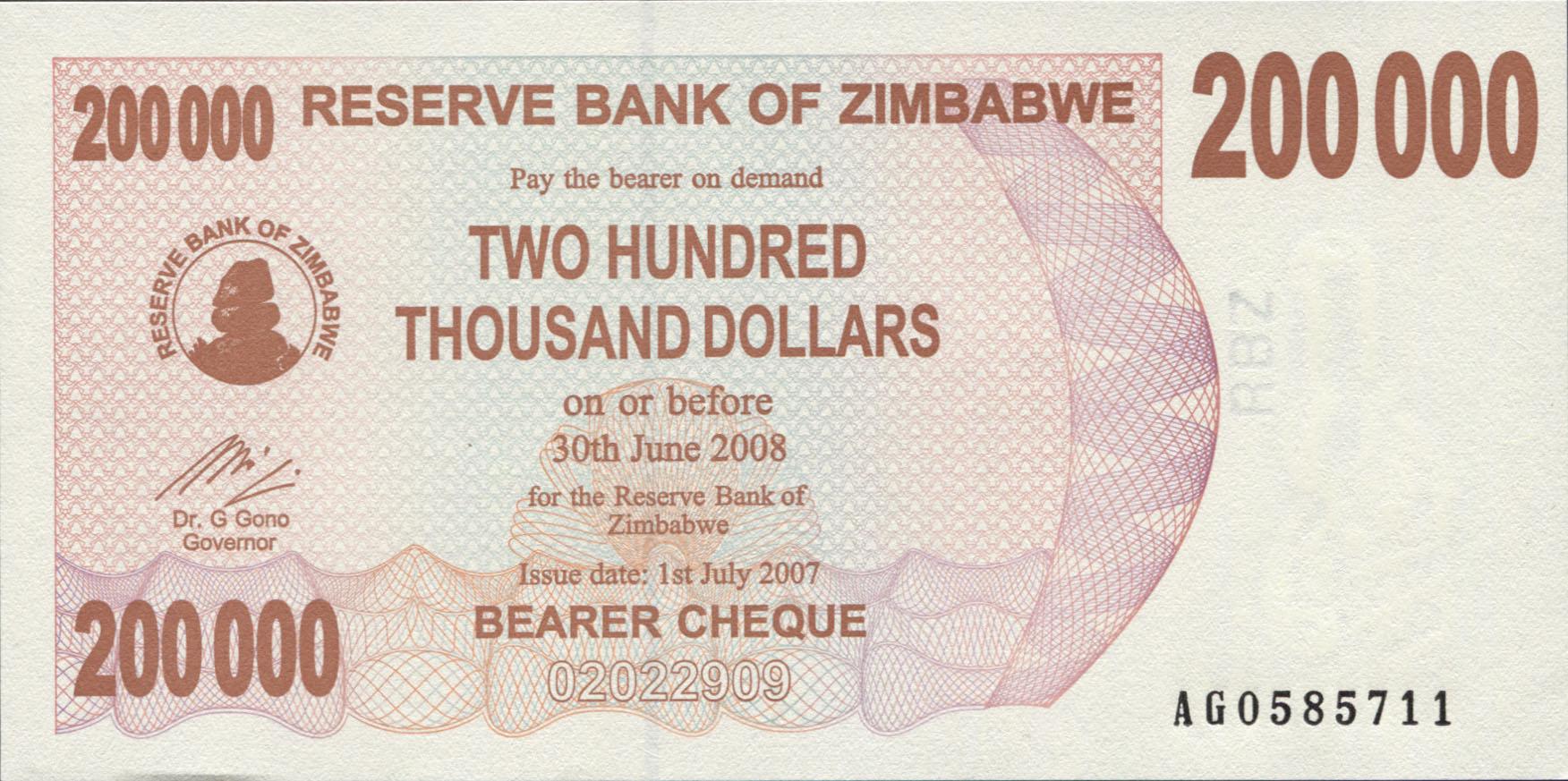 Коллекционная банкнота Зимбабве 2008 200000 долларов P49 UNC