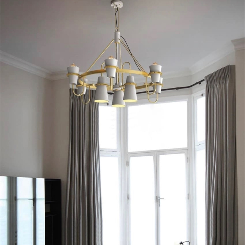 Светильник дизайнерский с уникальным двухуровневым каркасом на 9 белых плафонах Латунь/Белый (AP052/9 WT)