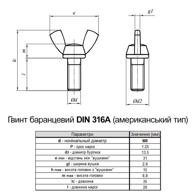 Гвинт баранцевий Metalvis М8х20 DIN316A сталь оцинкований повна різьба крок 1,25 20 шт. (5K20000005KO80202A) - фото 2