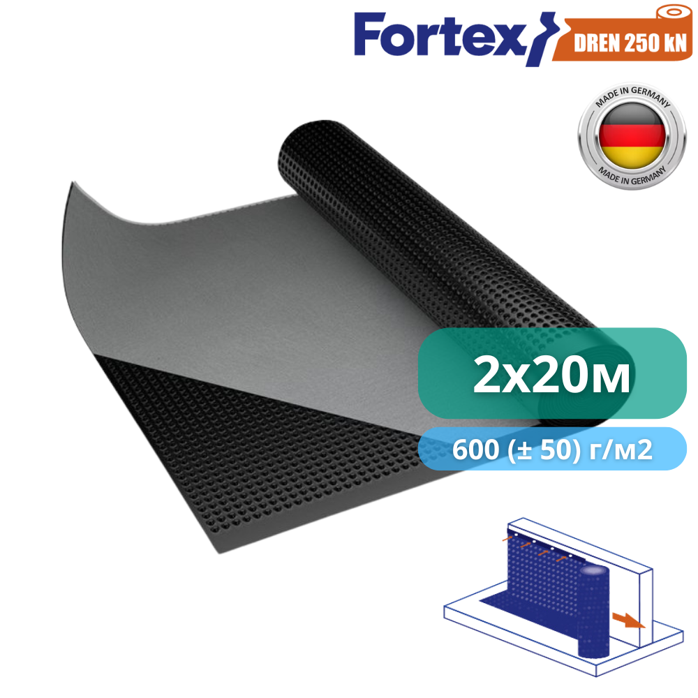 Мембрана для фундамента дренажная с геотекстилем Fortex Dren 250 кН 2x20 м 40 м2 (340050) - фото 4