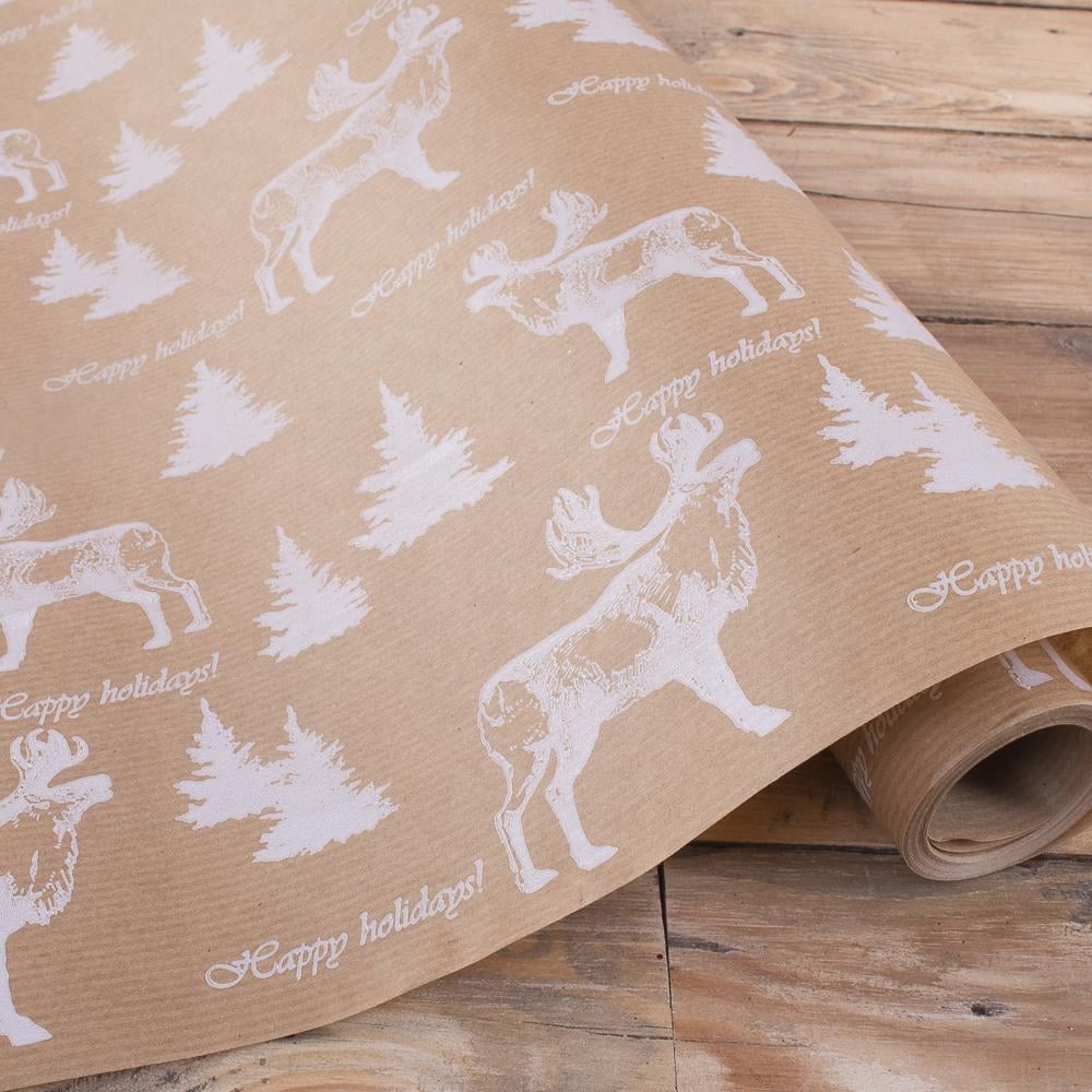 Подарочная бумага новогодняя Белый ретро лось 10 м (3832-156)