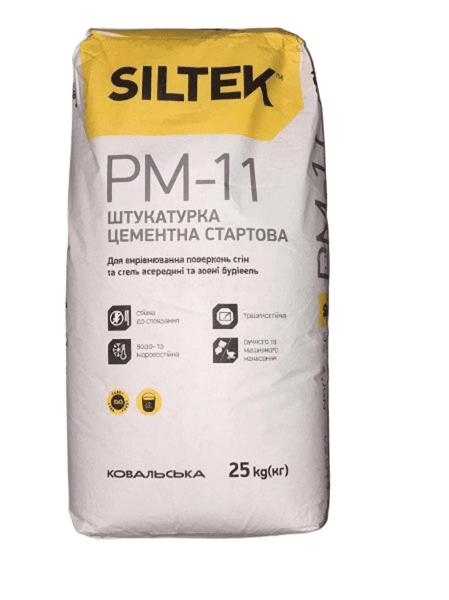 Штукатурка цементна стартова для внутрішніх та зовнішніх робіт Siltek РM-11 ручного та машинного нанесення мішок 25 кг