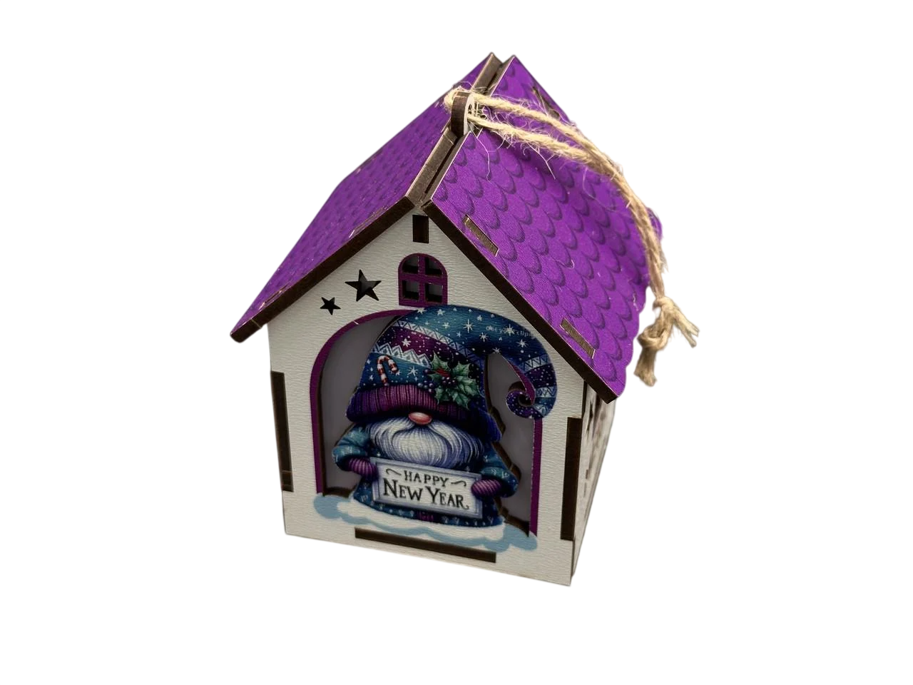 Іграшка ялинкова новорічна Будиночок з підсвічуванням із фанери 100х75х55 мм Фіолетовий з білим (NR-118)