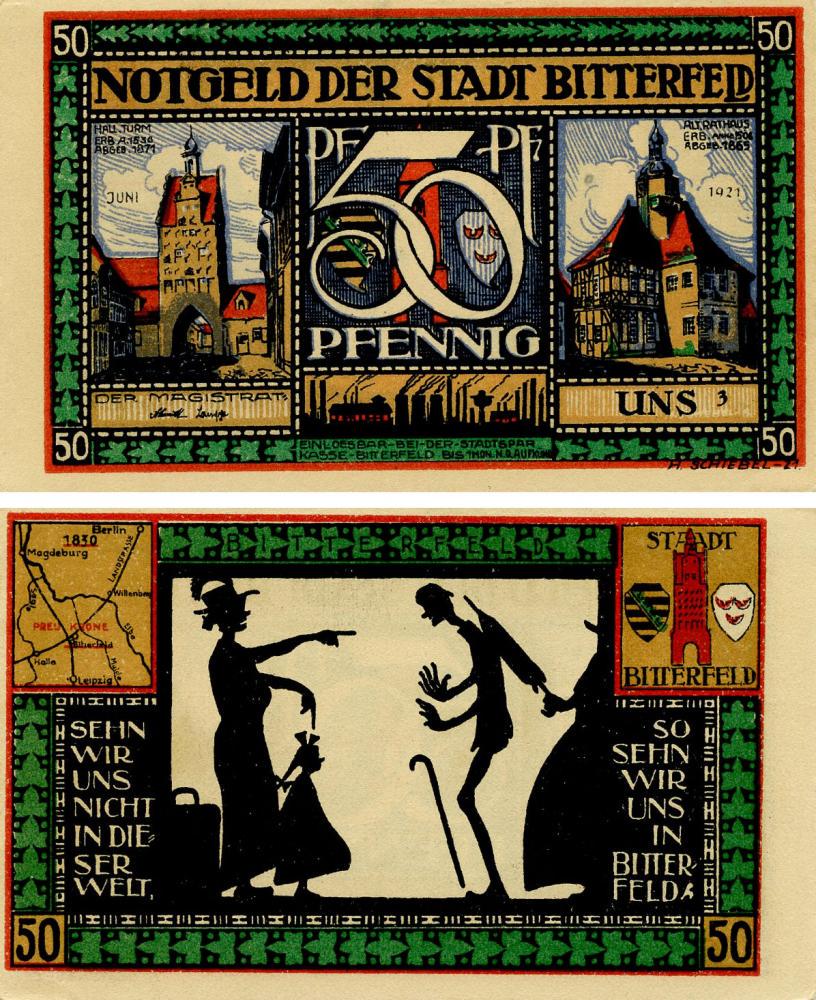 Коллекционная банкнота Германия Нотгельд 50 пфеннигов 1921 F-VF Биттерфельд (Б16100)