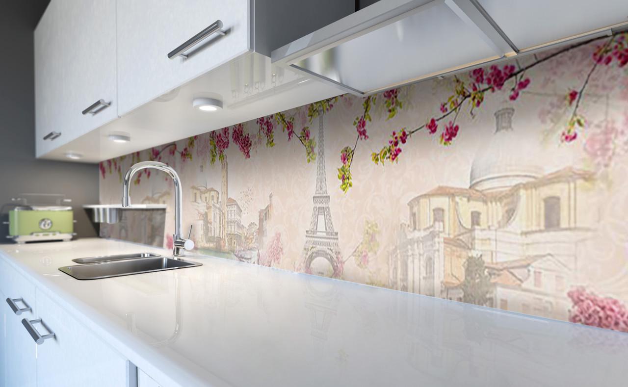 Кухонный фартук Весна в Париже эйфелева башня город из самоклеющейся виниловой пленки 65х250 см Бежевый
