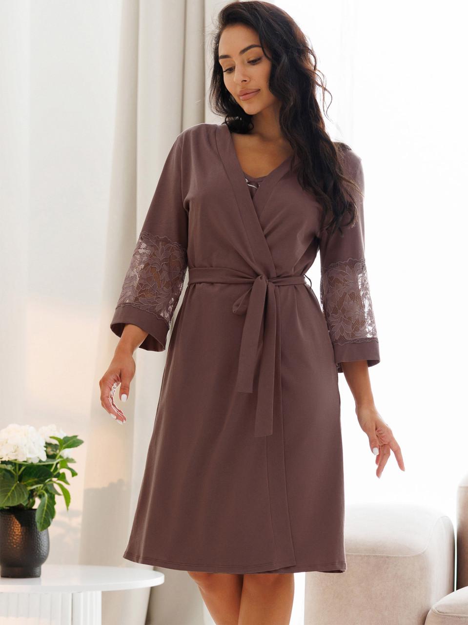 Халат женский Roksana на запах с широкими рукавами 3/4 с кружевными вставками хлопковый XL Коричневый (1763/12307)