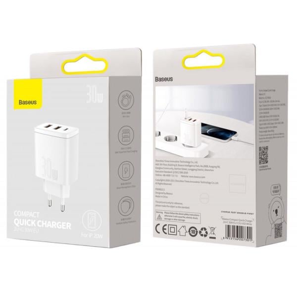 Зарядний пристрій Baseus Compact Quick Charger 2U+C 30 W White (CCXJ-E02) - фото 6