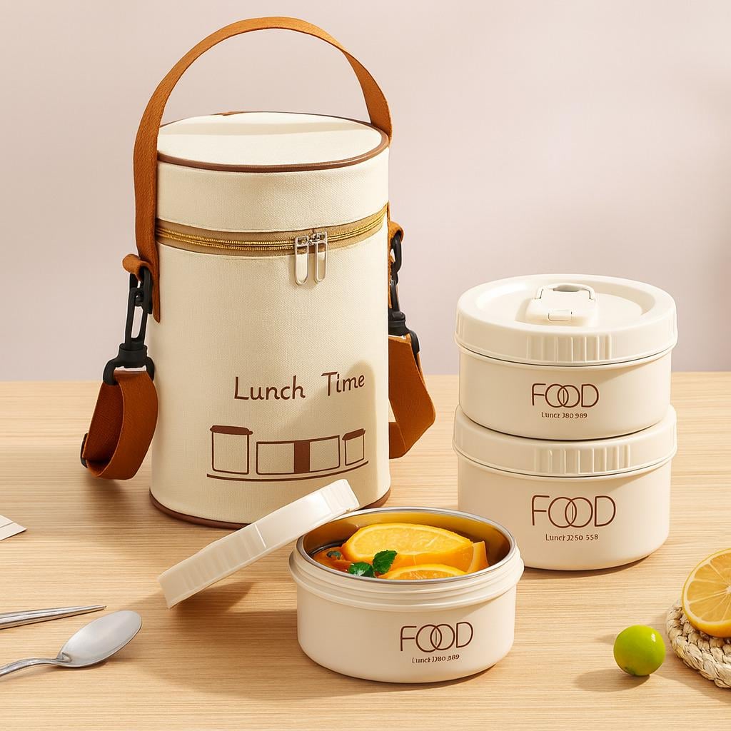 Ланч-бокс Kitchen Food на 3 яруса с термосумкой и приборами 1540 мл Бежевый