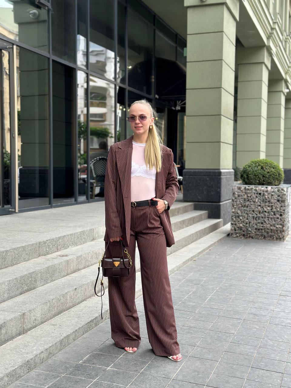 Костюм женский в полосочку пиджак/брюки S Шоколадный (2628190769) - фото 2