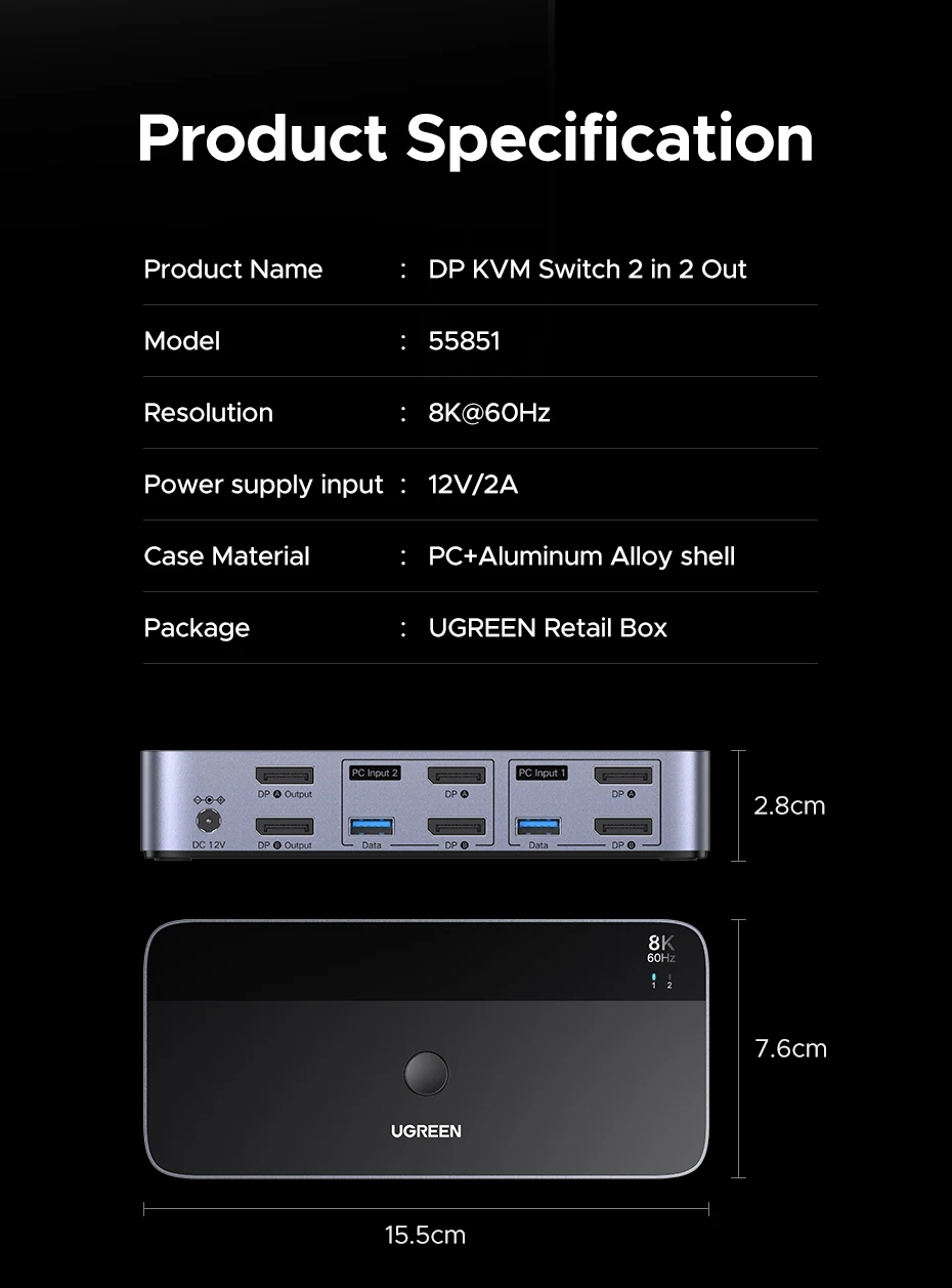 Комутатор UGREEN DP to DP 2in2 з можливістю спільного використання 2 ПК Black (55851) - фото 14