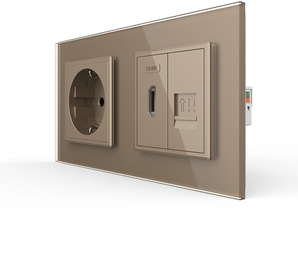Розетка настенная LIVOLO с HDMI/интернет портом RJ-45 дизайнерская стеклянная рамка Золотой (VL-C7FCTC16A/FCHD/FCCP-4AP)