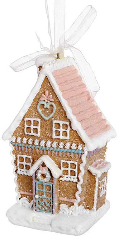 Набор 6 декоративных подвесок пряничный домик с глиттером 11 см Имбирный с розовым