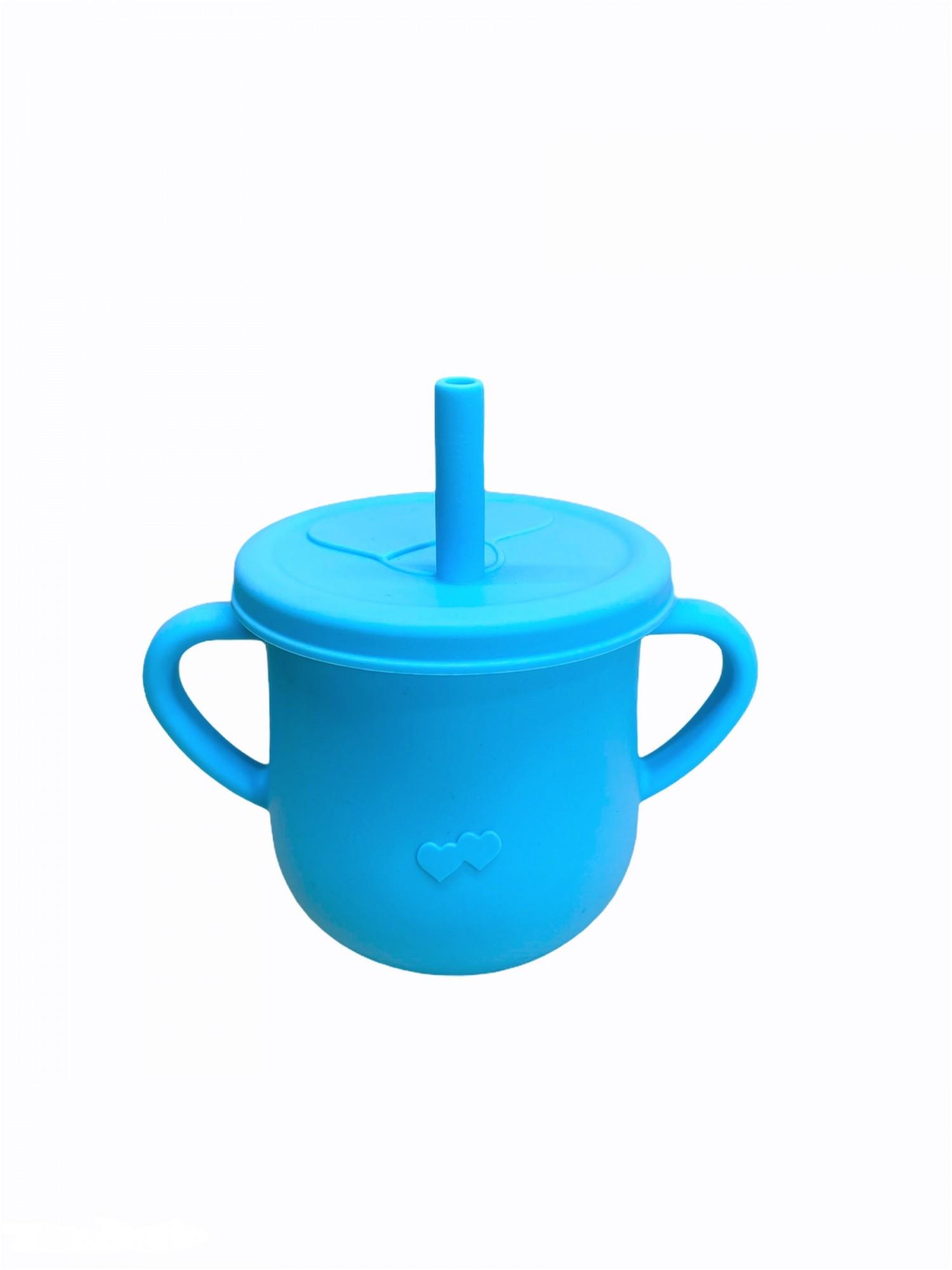 Набор детской силиконовой посуды с присоской тарелка/ложка/нагрудник/поильник Голубой (24043429) - фото 4