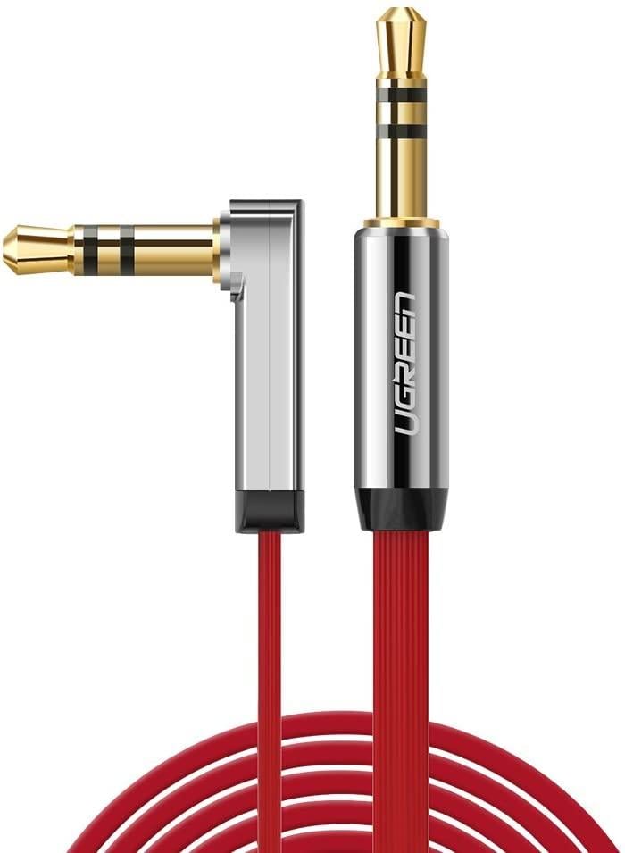 AUX аудио кабель Ugreen плоский с угловым алюминиевым коннектором 3,5 мм 2 м Красный (AV119)