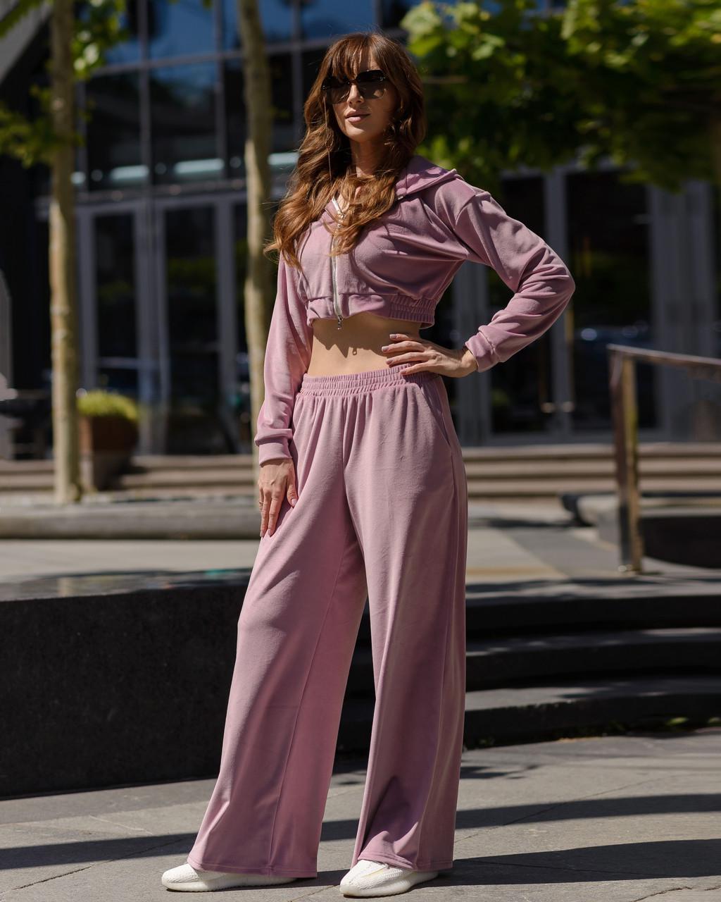 Костюм женский из велюра Maybel кофта на змейке с капюшоном и брюки-палаццо 3XL Сиреневый (2215235126)