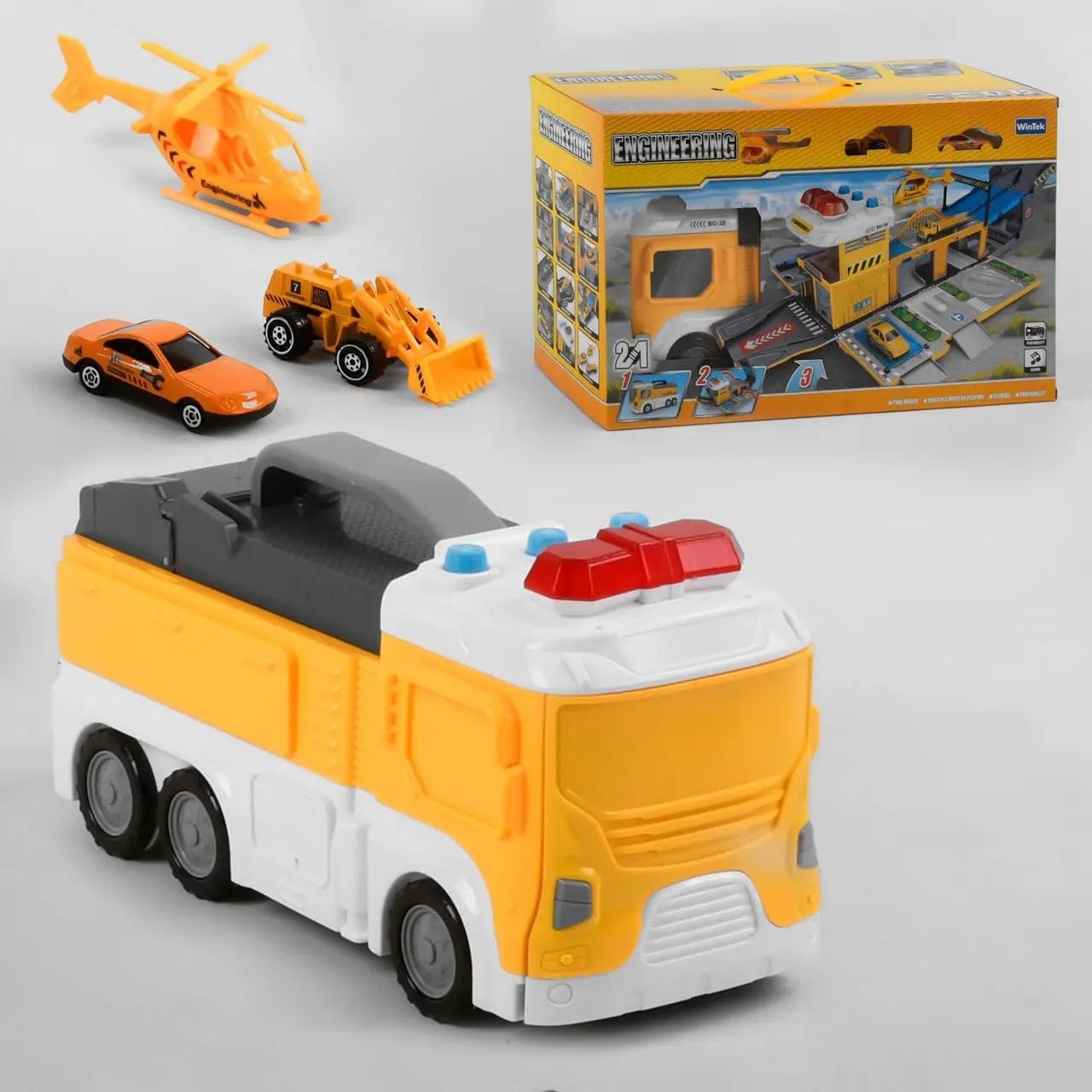 Ігровий набір WinTek Engineering паркінг/інженерна вантажівка 2в1 2 металопластикові машинки вертоліт звукові/світлові ефекти (G_6399) - фото 3