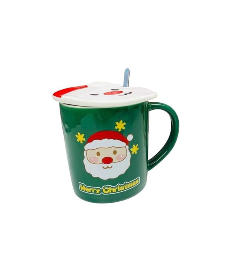 Чашка новорічна з кришкою і ложкою Санта кераміка 380 мл Зелений - фото 3
