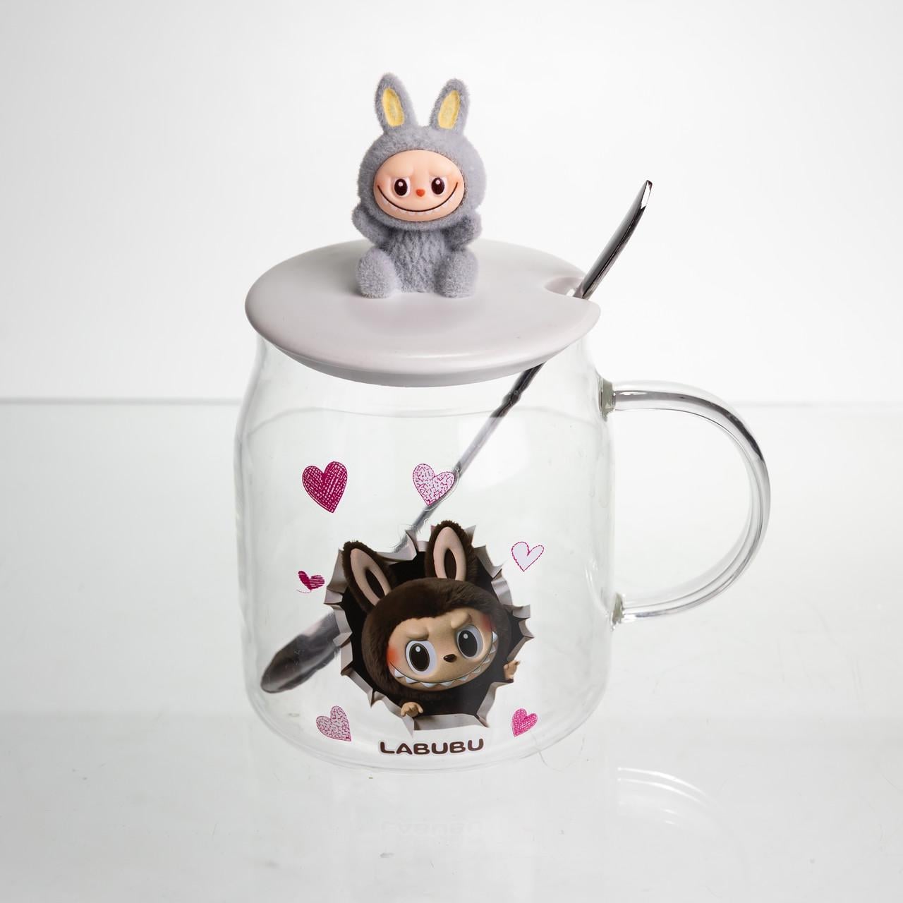 Чашка стеклянная с крышкой и ложкой Light House Лабуба LG-30141 CL GR для чая 600 мл Серый