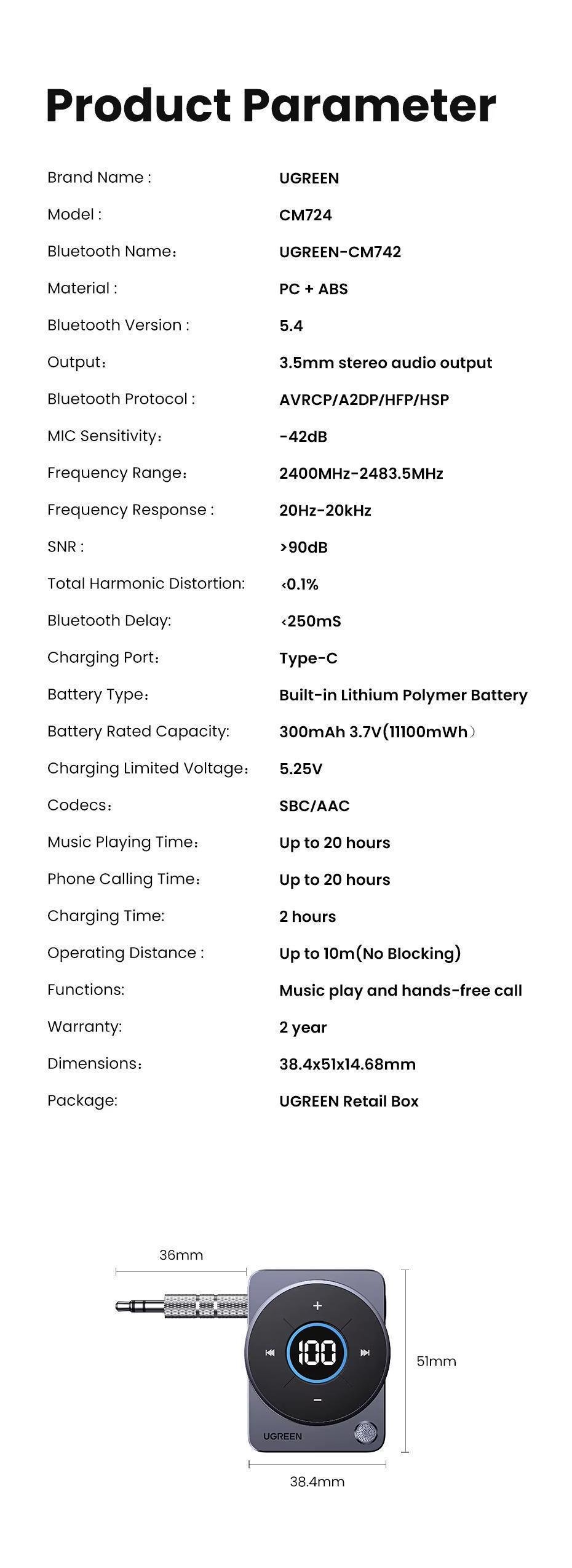 Адаптер UGREEN Bluetooth 5.4 AUX 3,5 мм 300 мАг 20 год Чорний (35003) - фото 9 Адаптер UGREEN Bluetooth 5.4 AUX 3,5 мм 300 мАг 20 год Чорний (35003) - фото 9