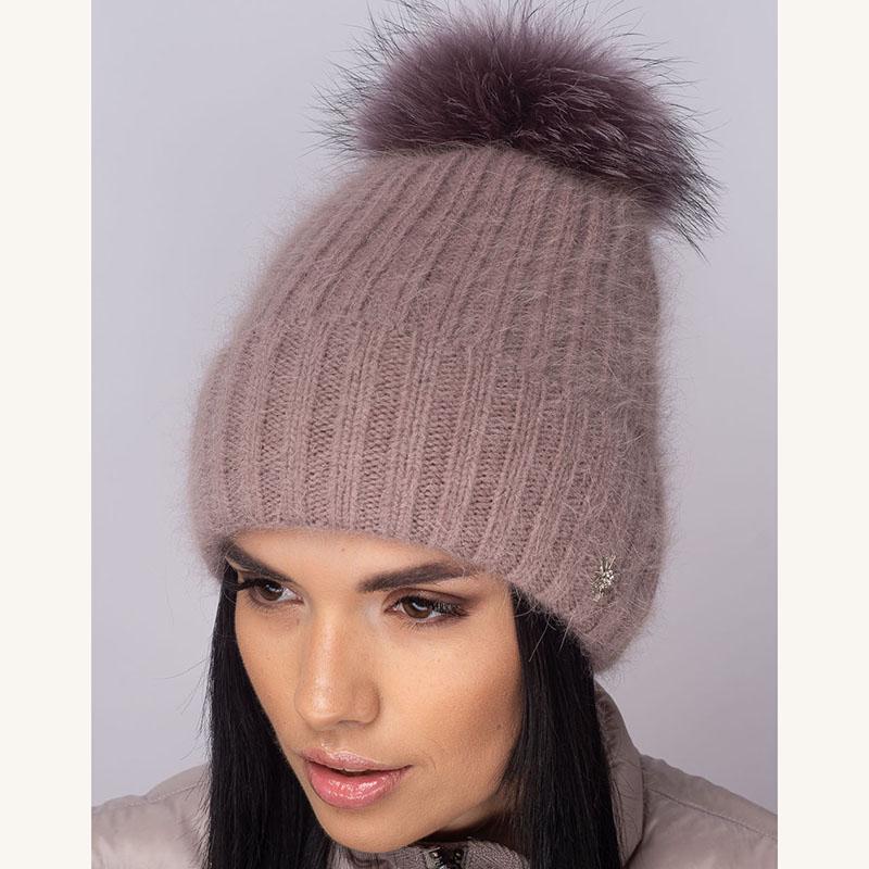 Шапка женская Leks БАРБИ с песчаным помпоном утепленная флисом One size Темно-пудровый (132162)