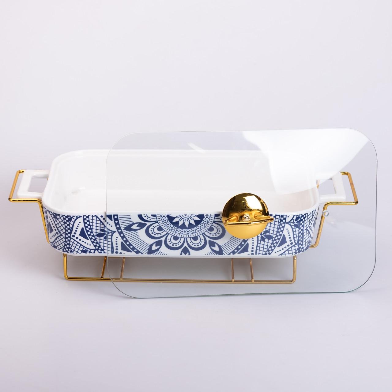 Мармит керамический со стеклянной крышкой на металлической подставке 38х18,5х15,5 см 1,5 л (6854)