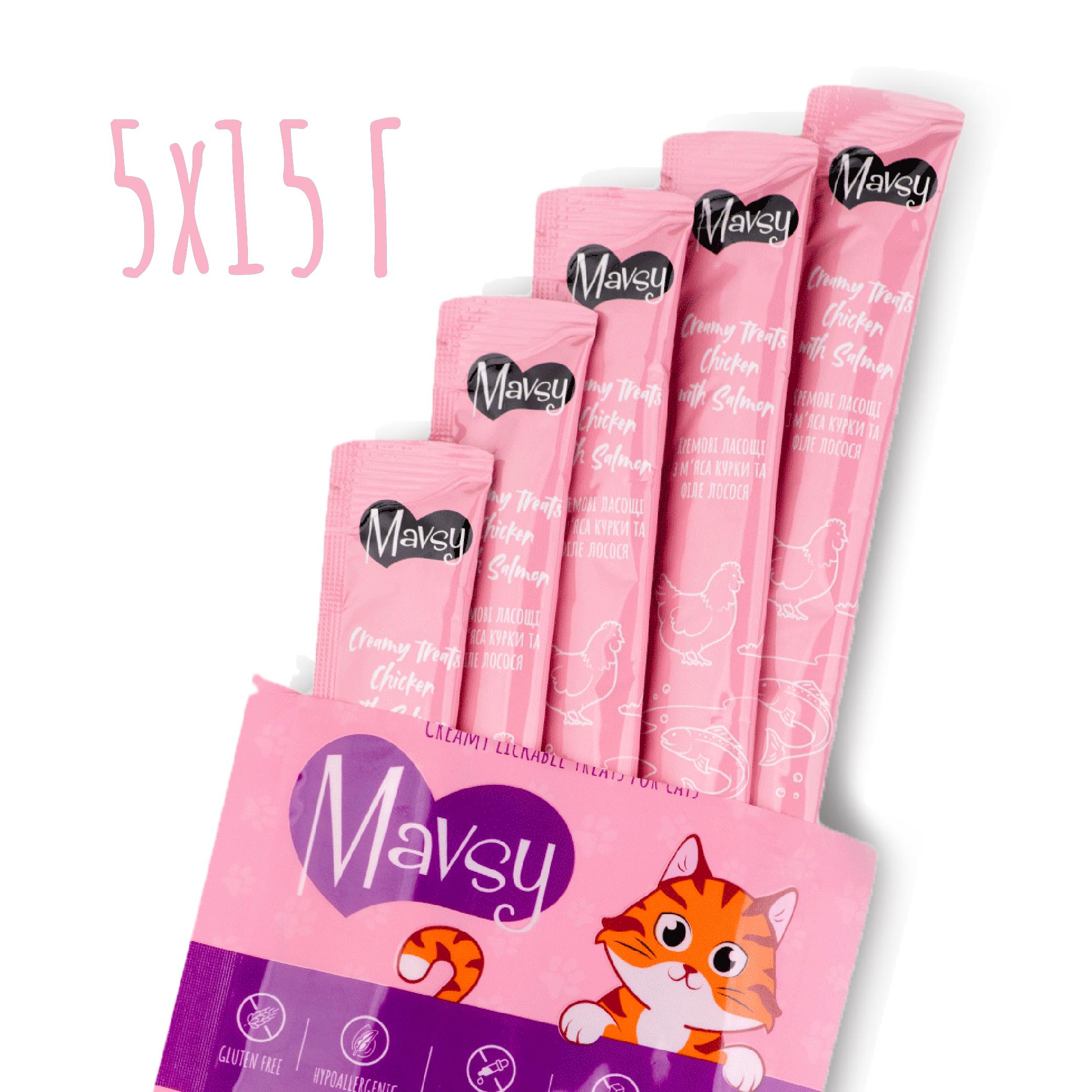 Ласощі кремові для котів Mavsy Creamy Lickable Treats Chicken with Salmon з м’яса курки та філе лосося 15 г 5 шт. (MAVSY03) - фото 2 Ласощі кремові для котів Mavsy Creamy Lickable Treats Chicken with Salmon з м’яса курки та філе лосося 15 г 5 шт. (MAVSY03) - фото 2