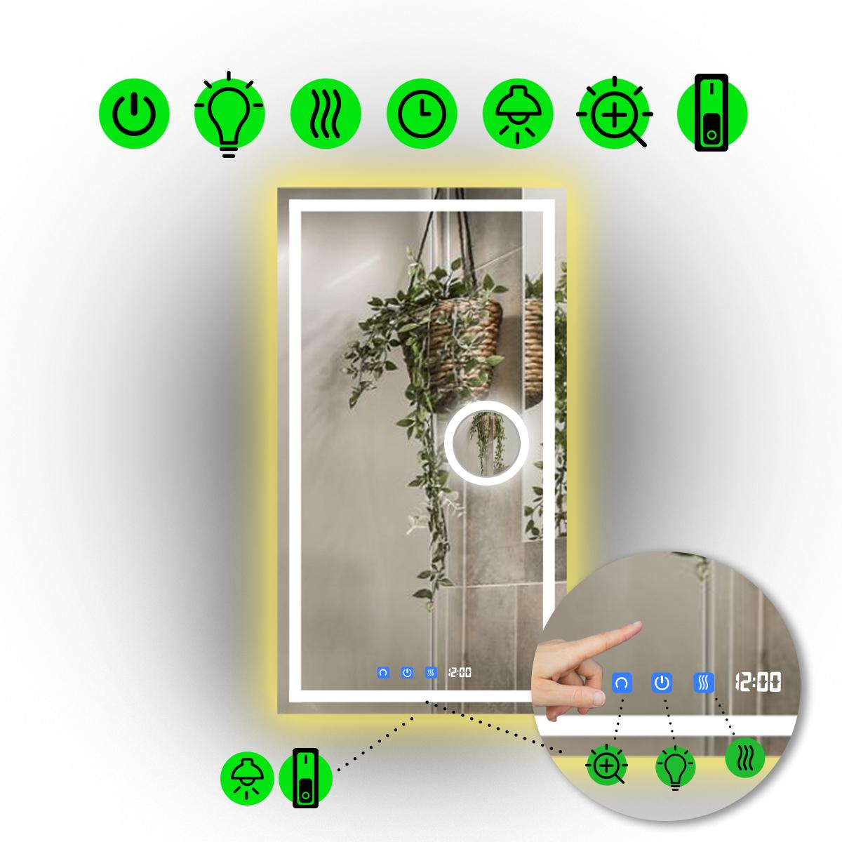 Зеркало с LED подсветкой Karnet с тремя сенсорами/часами и механическим включателем 60x80 см (Karnet/600x800/6191-15/21/1)