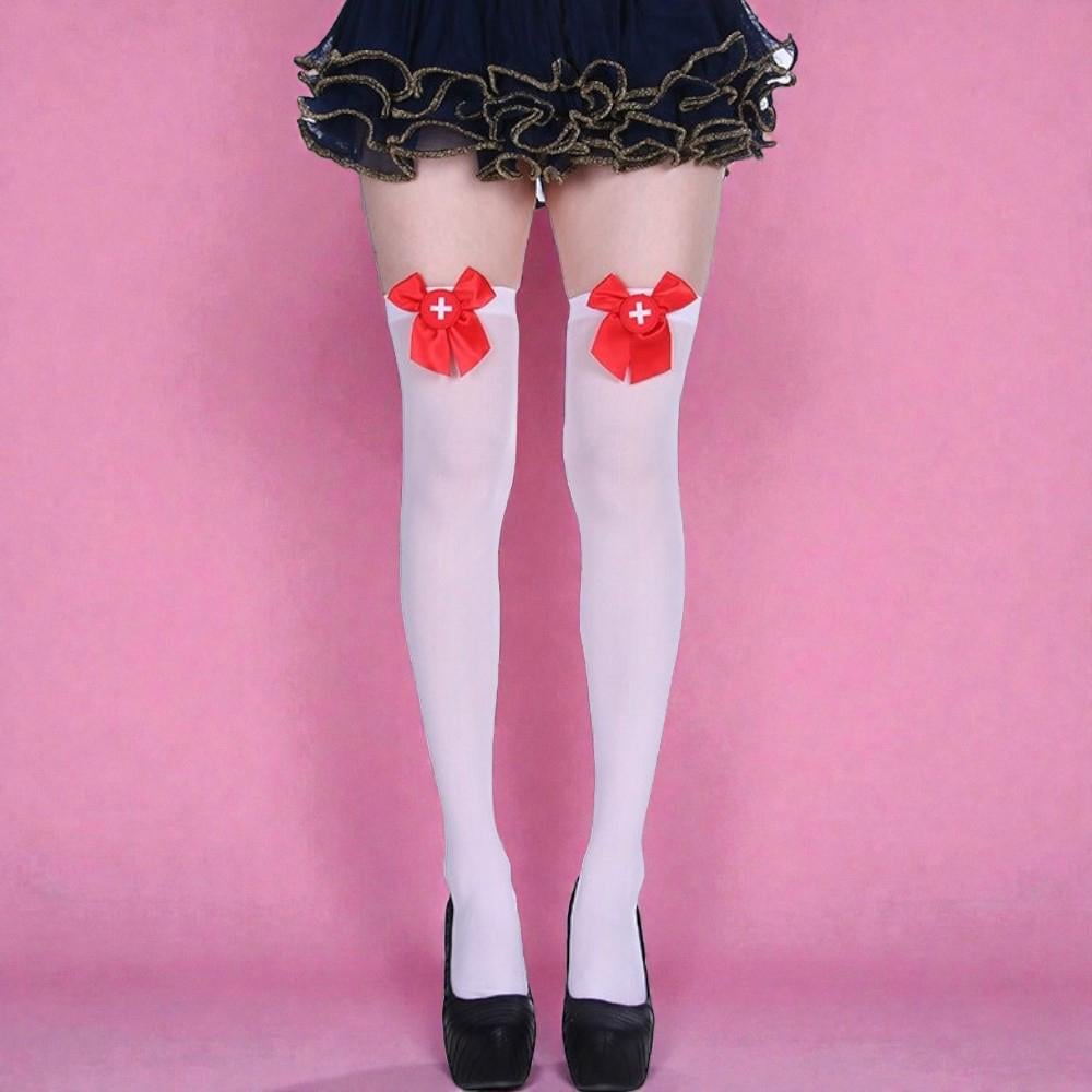 Чулки женские нейлоновые до колена с бантом Белый/Красный (27-DK1-3175)
