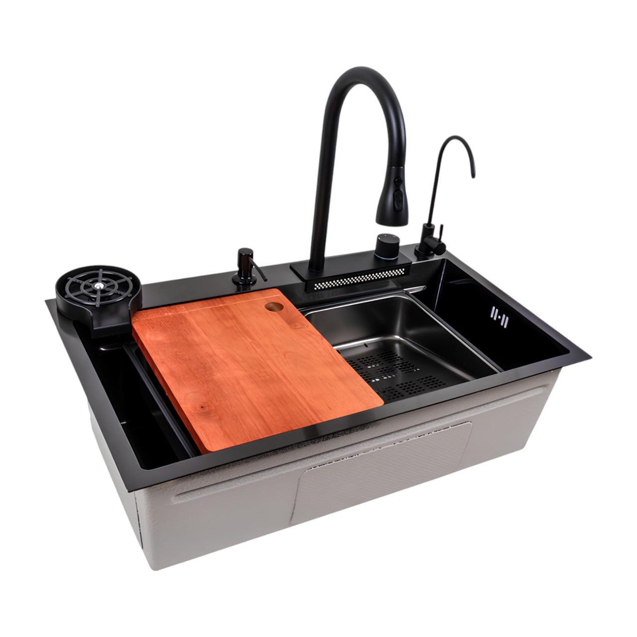 Мийка прямокутна Valeso 75х45F PVD Водоспад з шумоізоляцією чаші та краном для питної води Чорний (є268)