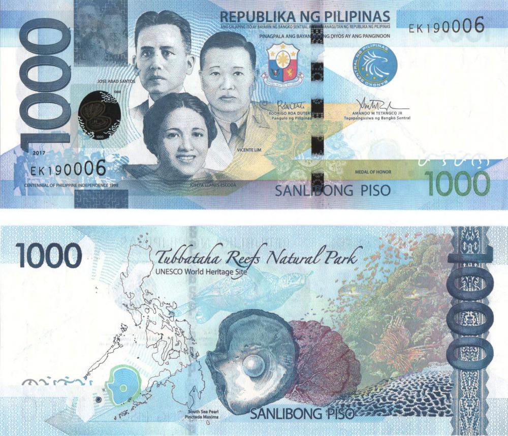Коллекционная банкнота Филиппины 1000 песо 2017 UNC P211 подпись 20 (Б08557)