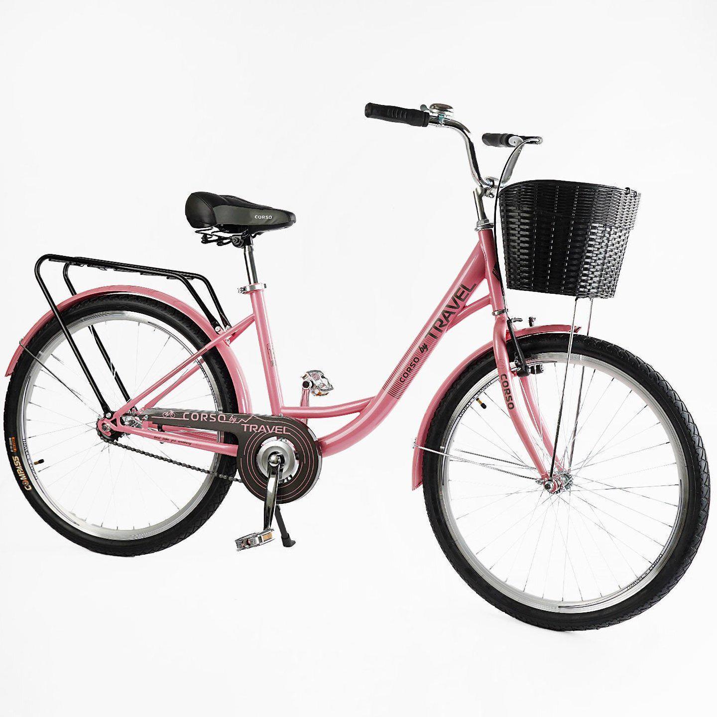 Велосипед городской Corso Travel с корзиной и багажником рама 16,5/26" Розовый - фото 2 Велосипед городской Corso Travel с корзиной и багажником рама 16,5/26" Розовый - фото 2