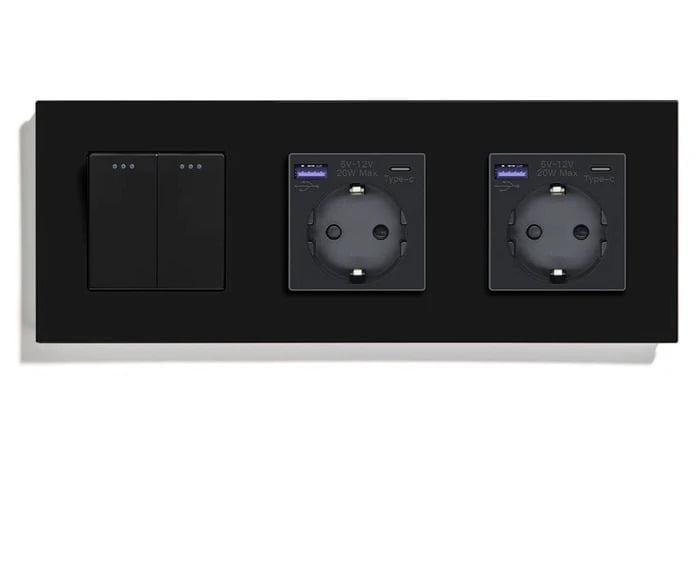 Выключатель перекрестный LUXION 2-клавишный с двумя розетками USB A+C 20Вт с заземлением стекло Черный