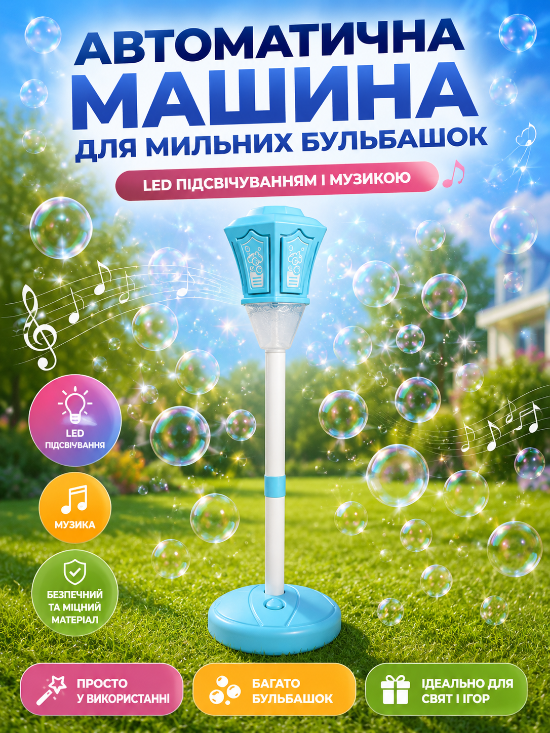 Машина автоматична для мильних бульбашок із LED підсвічуванням і музикою 26X-264 Блакитний