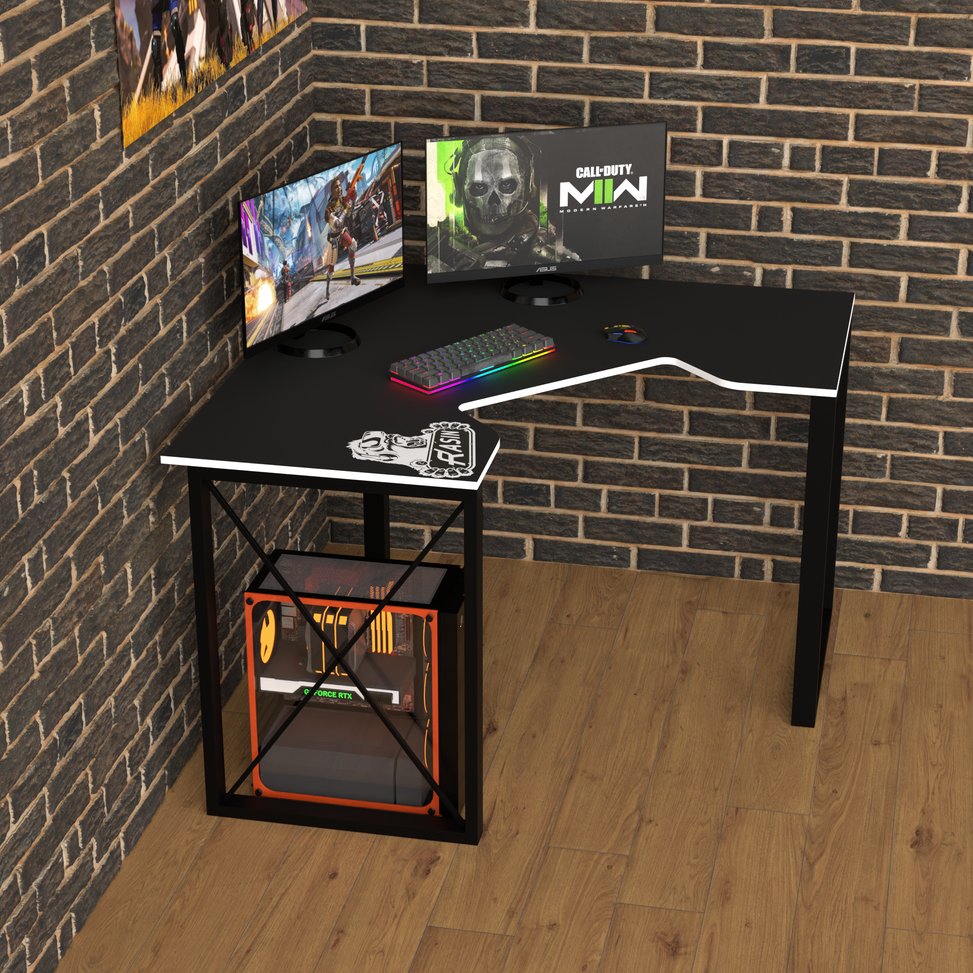 Стіл кутовий ігровий геймерський ергономічний Лофт Zeus Rasin LOFT-20 метал/ламінована ДСП Чорно-білий (LOFT-20)