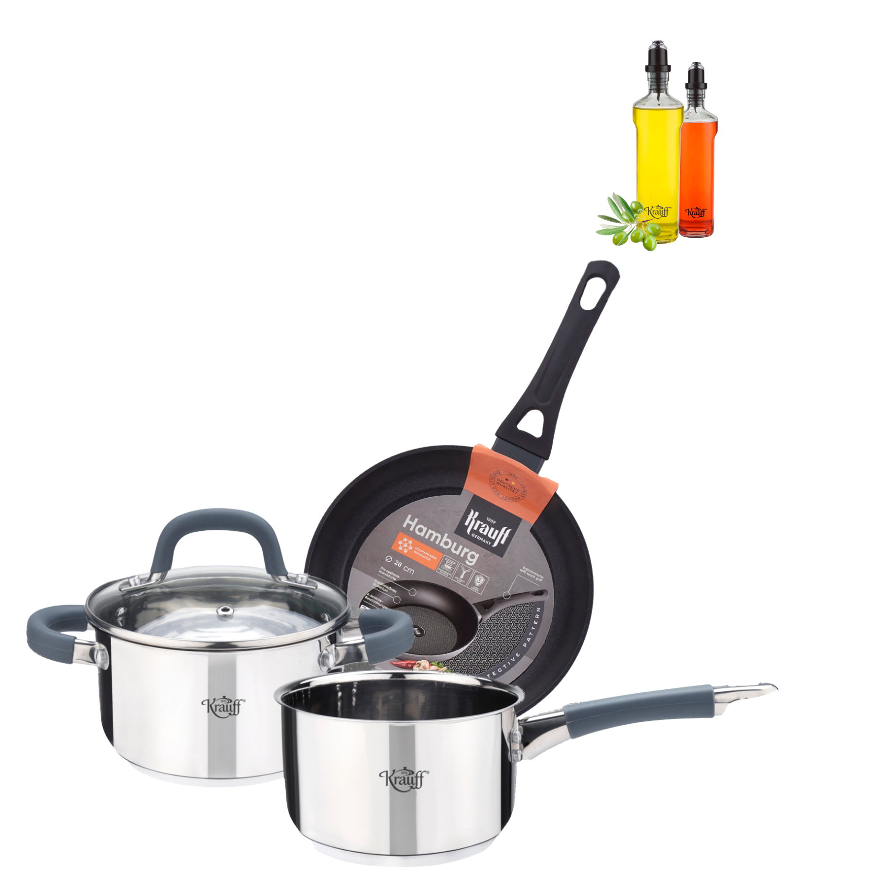 Набор Krauff Winzig 1,2 л/0,7 л и сковородки Hamburg 24 см с емкостями для масла или уксуса Olivenol (28554)