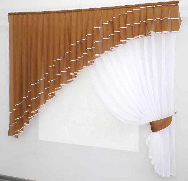 Шторы на кухню тюль/ламбрекен шифон 200х170 см Коричневый/Белый (062к) - фото 4