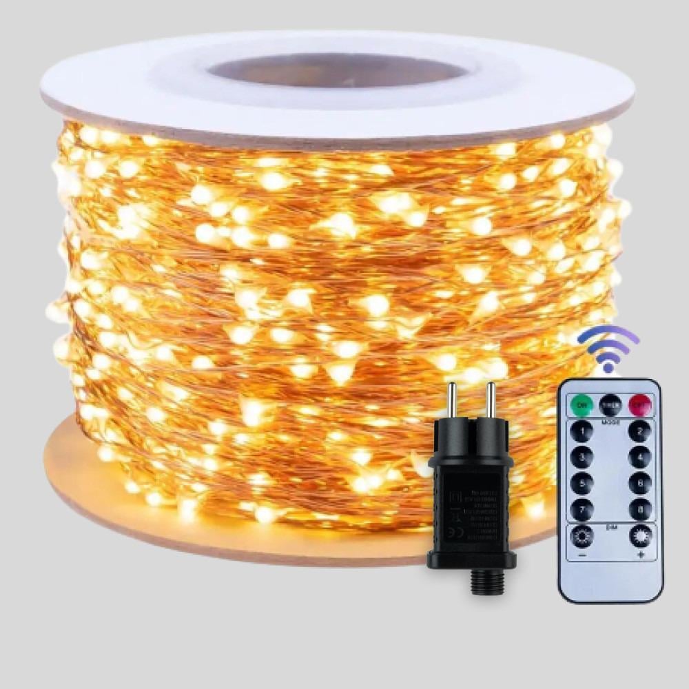Гирлянда-нить светодиодная Роса с пультом 1000 LED 220V 8 режимов IP44 прозрачный провод 100 м Теплый белый
