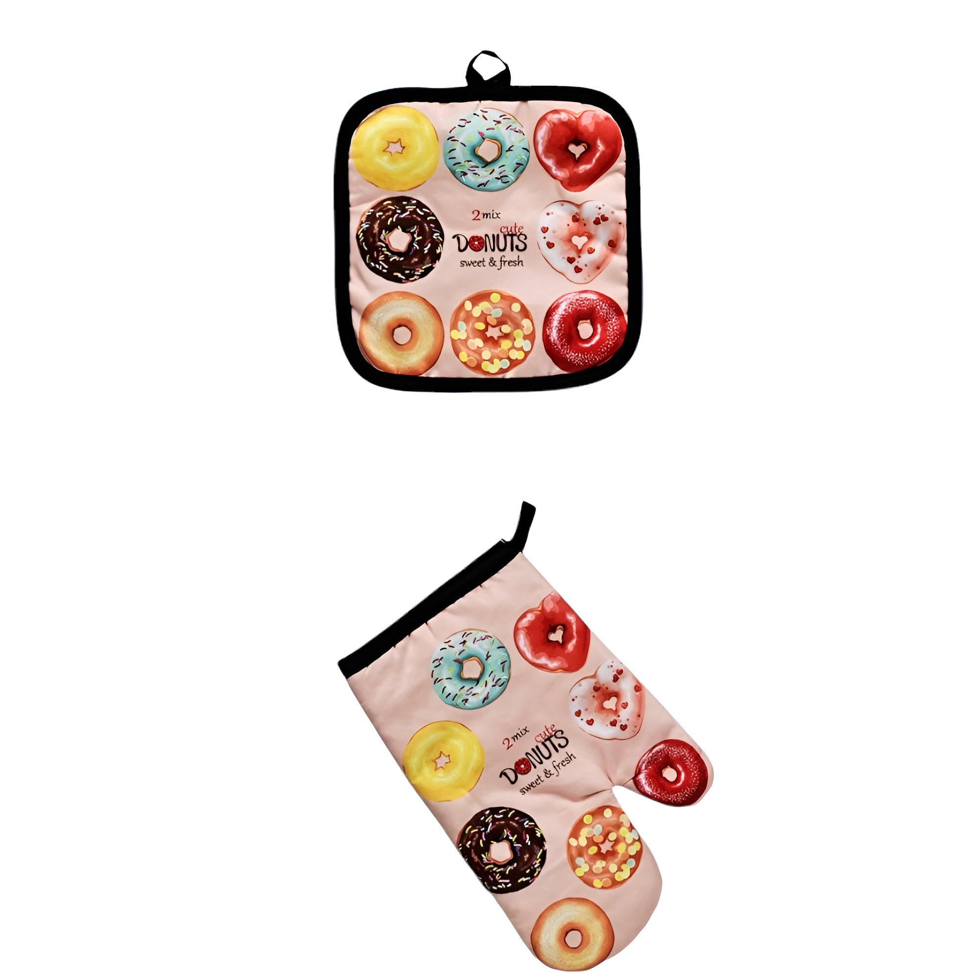 Набор рукавица-прихватка и полотенце Stenson Donuts яркий принт/полиэстер 16х25 и 17х17 см Бежевый (R32344)