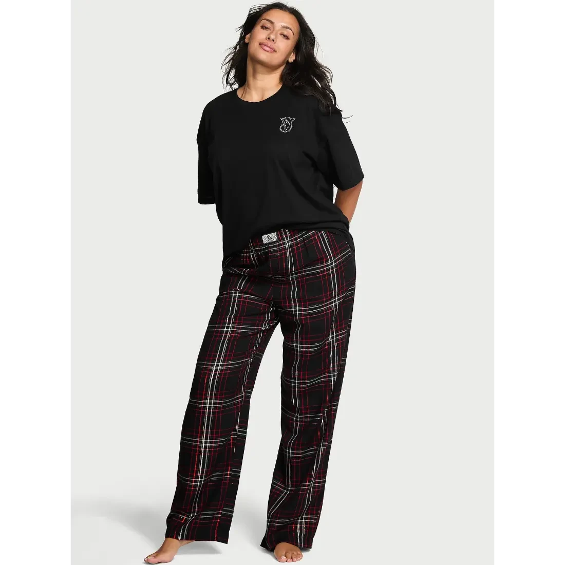 Пижама женская Victoria's Secret Flannel Short-Sleeve Long Tee-Jama Set L Черный (3022862336)