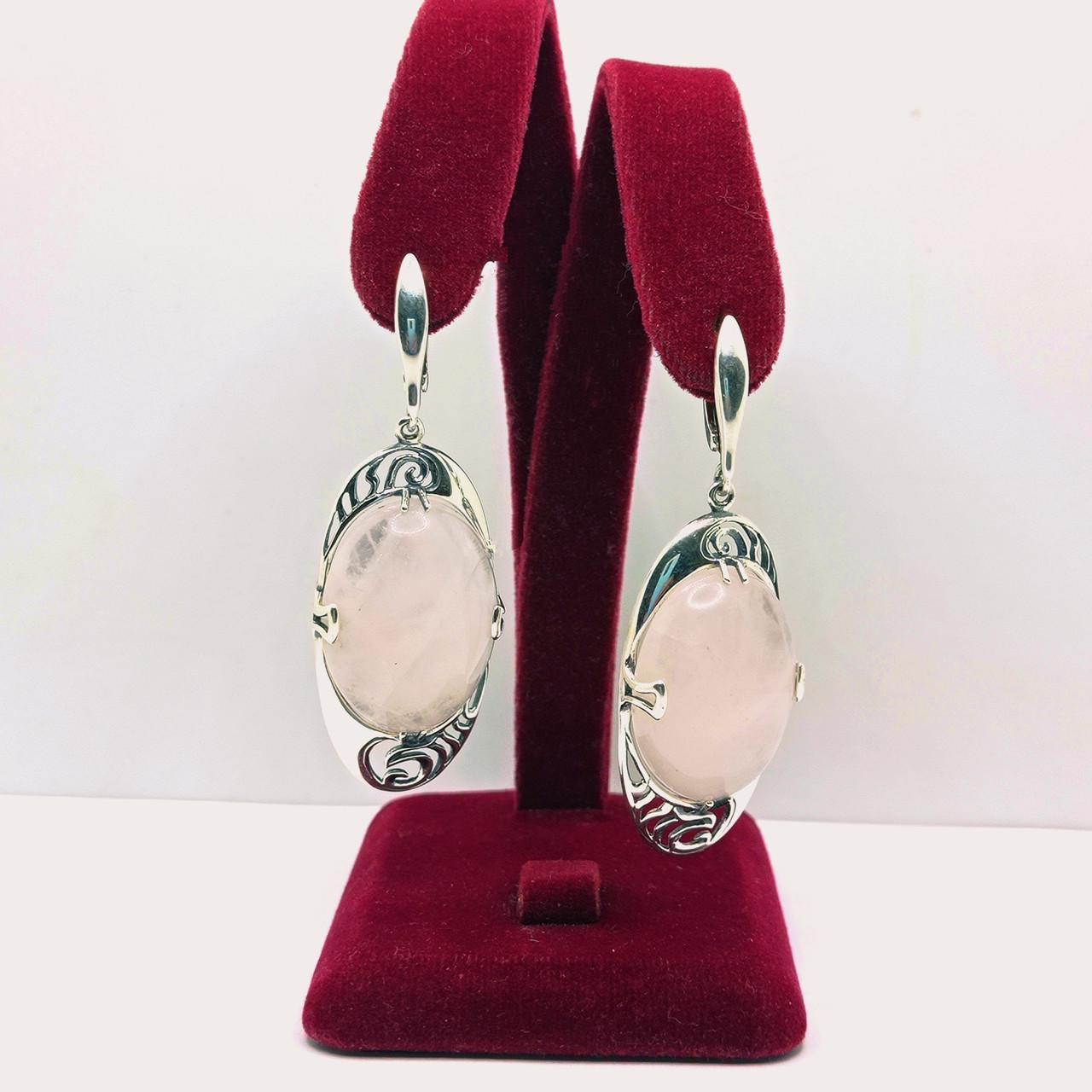 Серьги Гретта серебро розовый кварц чернение 925° 18,75 г (2622)