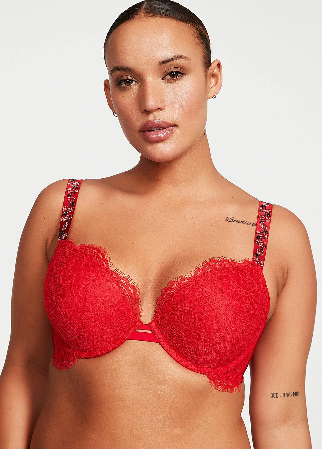 Бюстгальтер мереживний з пуш ап зі стразами Victoria's Secret Shine Strap Lace Push-Up Bra 70A Червоний (19424224)