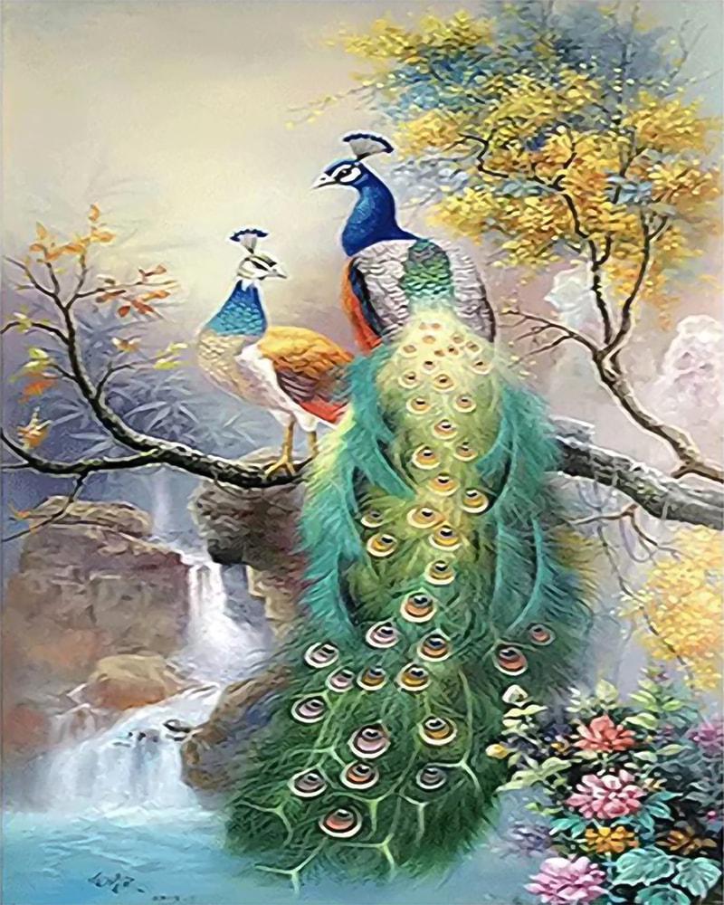 Алмазна мозаїка Павичі біля Водоспаду року на полотні з підрамником 30х40 см (GB82775)