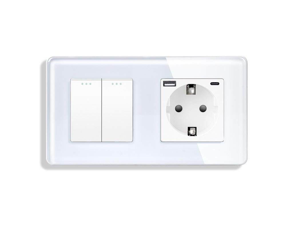 Выключатель перекрестный ELIOS 2-клавишный с розеткой USB A+C 20Вт с заземлением стекло Белый