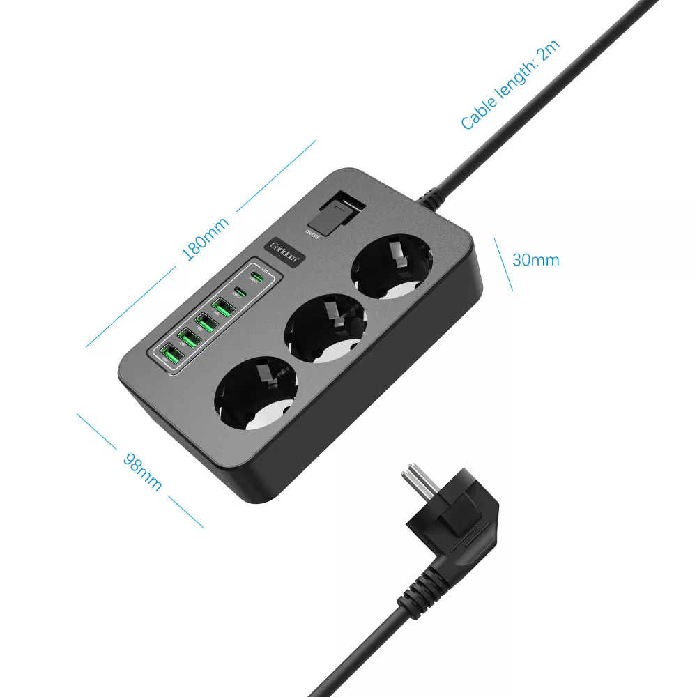 Фільтр живлення Earldom SC14 мережевий 4USB 2USB-C 3P 3000W 2 м (786294) - фото 2 Фільтр живлення Earldom SC14 мережевий 4USB 2USB-C 3P 3000W 2 м (786294) - фото 2
