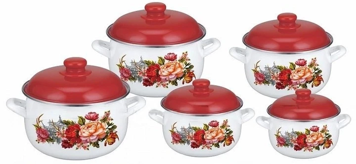 Набор эмалированных кастрюль Edenberg Цветы 5 шт. 10 предметов (EB-1874) - фото 1