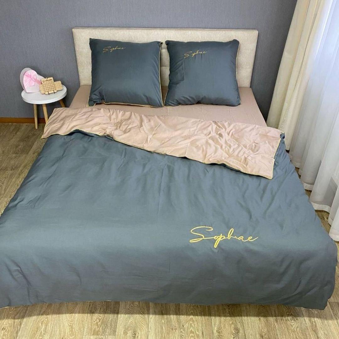 Комплект постельного белья сатиновый двуспальный 180x220 см наволочки 70х70 см 2 шт. Серый с бежевым (121203)