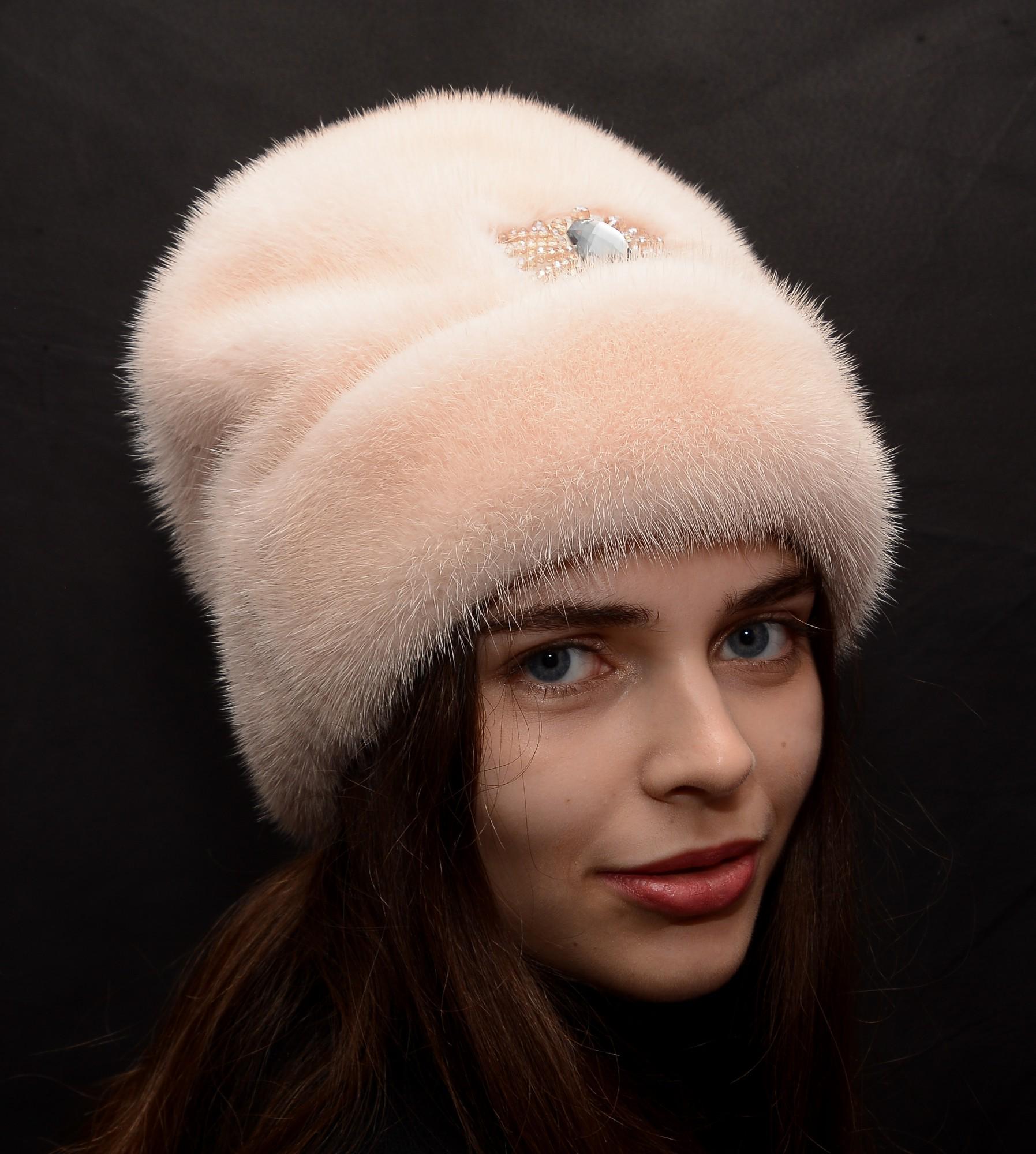 Женская кубанка Меховой стиль Рукавичка отворот из натурального меха норки Жемчуг (074/N)