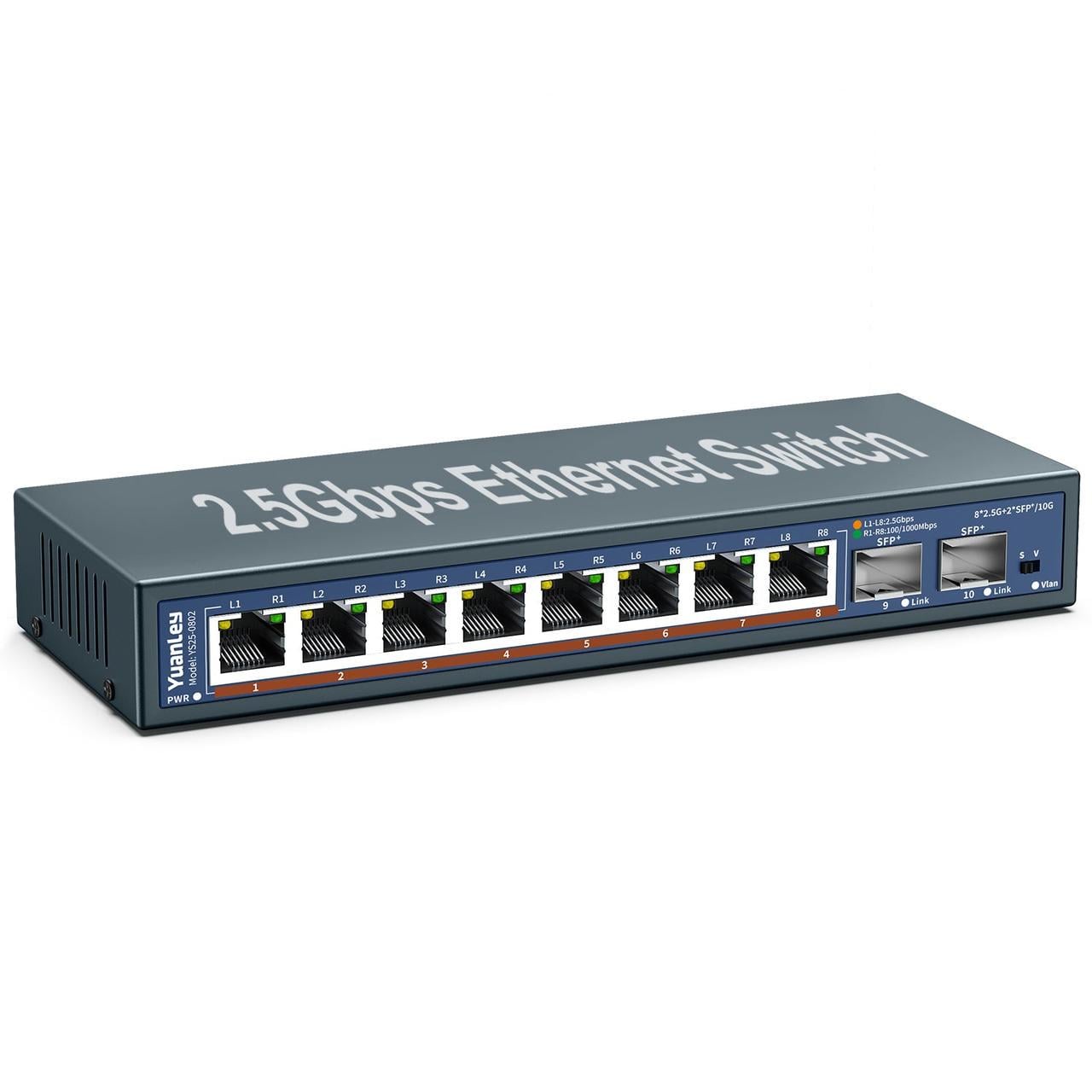 Коммутатор YuanLey Unmanaged Switch 8x2,5G 2x10G SFP VLAN Fanless 10-портовый 2,5G